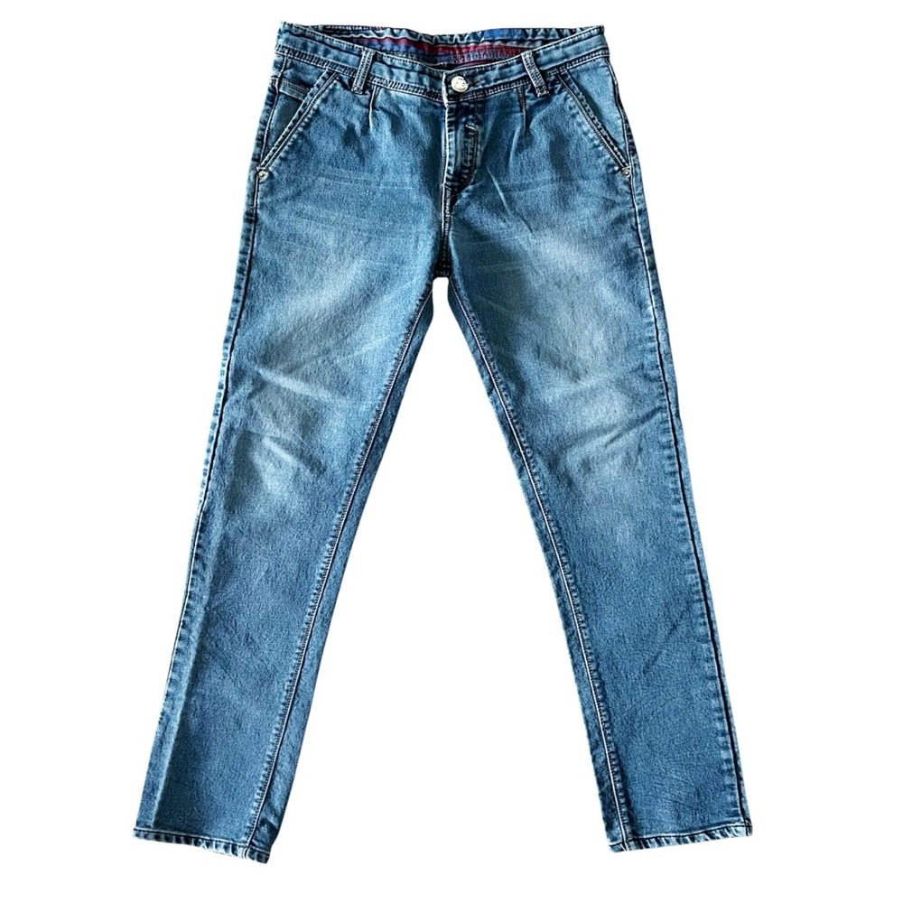 Emporio Armani Blue Jeans w/Leather Patch, Size 32